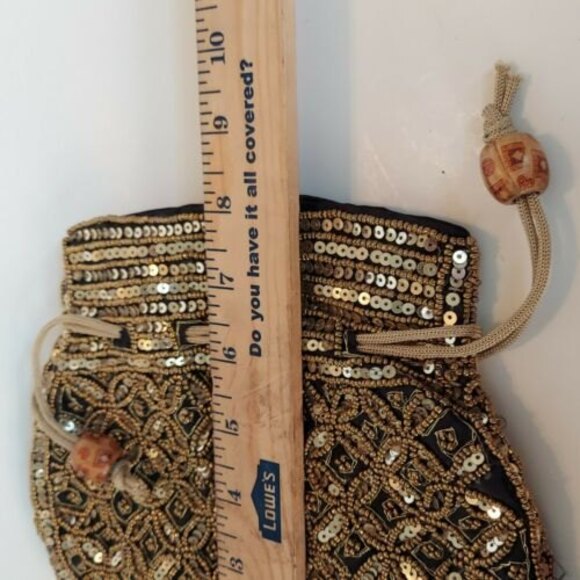 Potli Pouch Drawstring Lined Bag Purse Satchel Sequins Black Gold - Picture 9 of 9